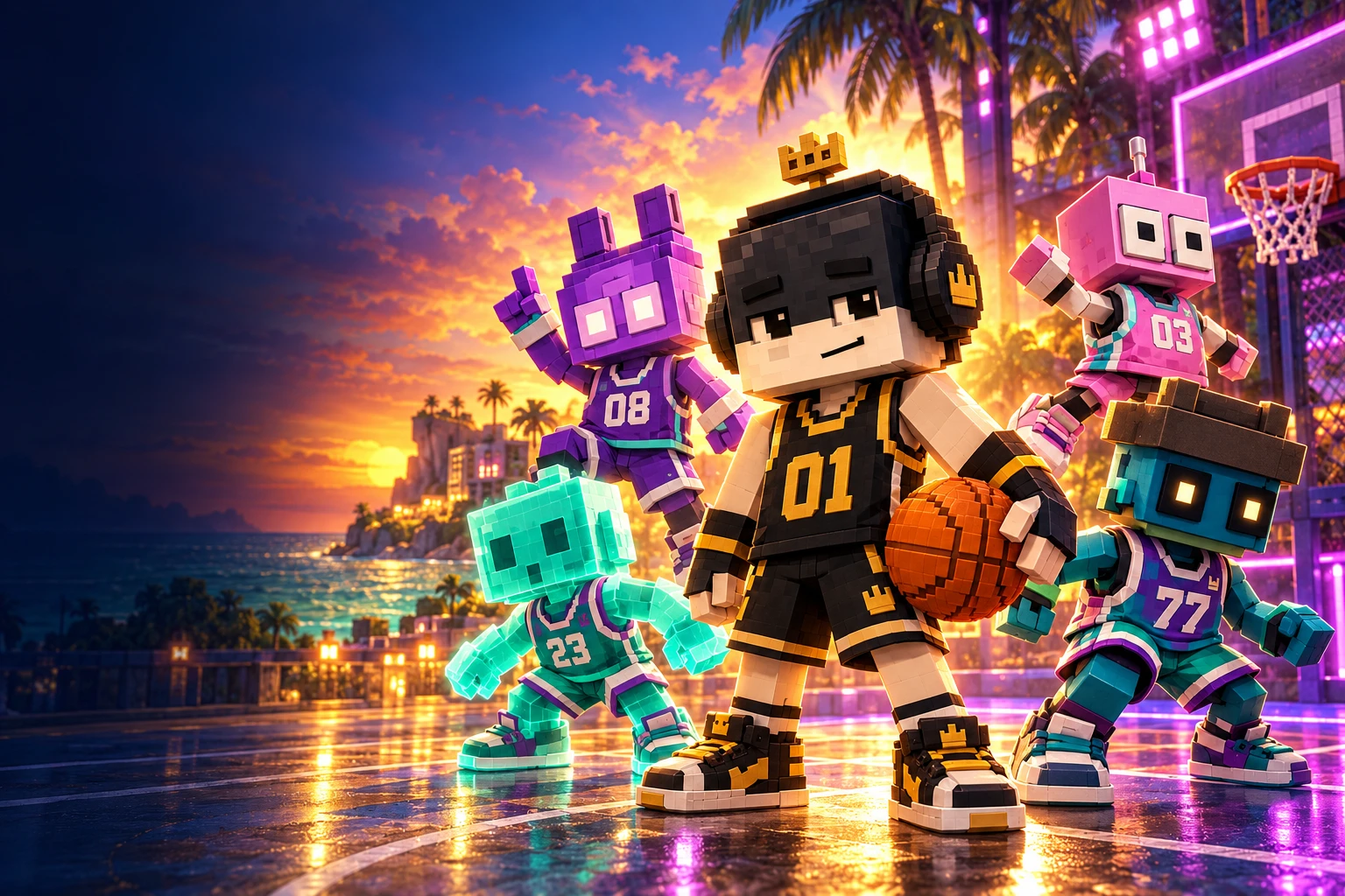 Last Bag and Vibe Vibe characters wearing basketball jerseys on a coastal neon court